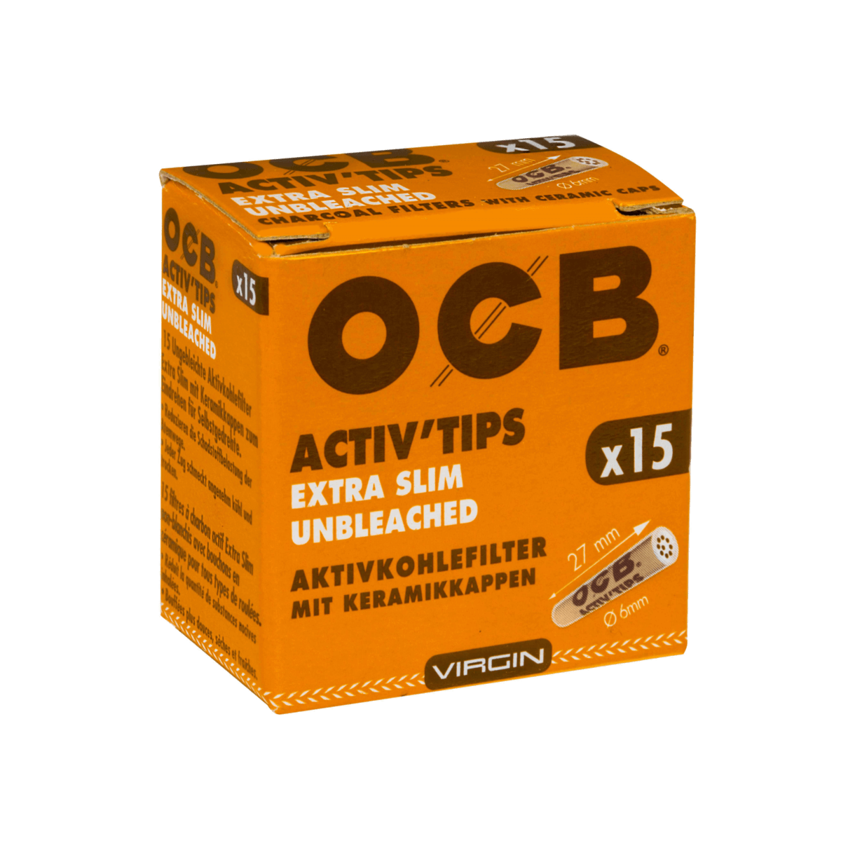 OCB Virgin Unbleached Activ'Tips Extra Slim, 6mm a 15 St.| 20 Boxen