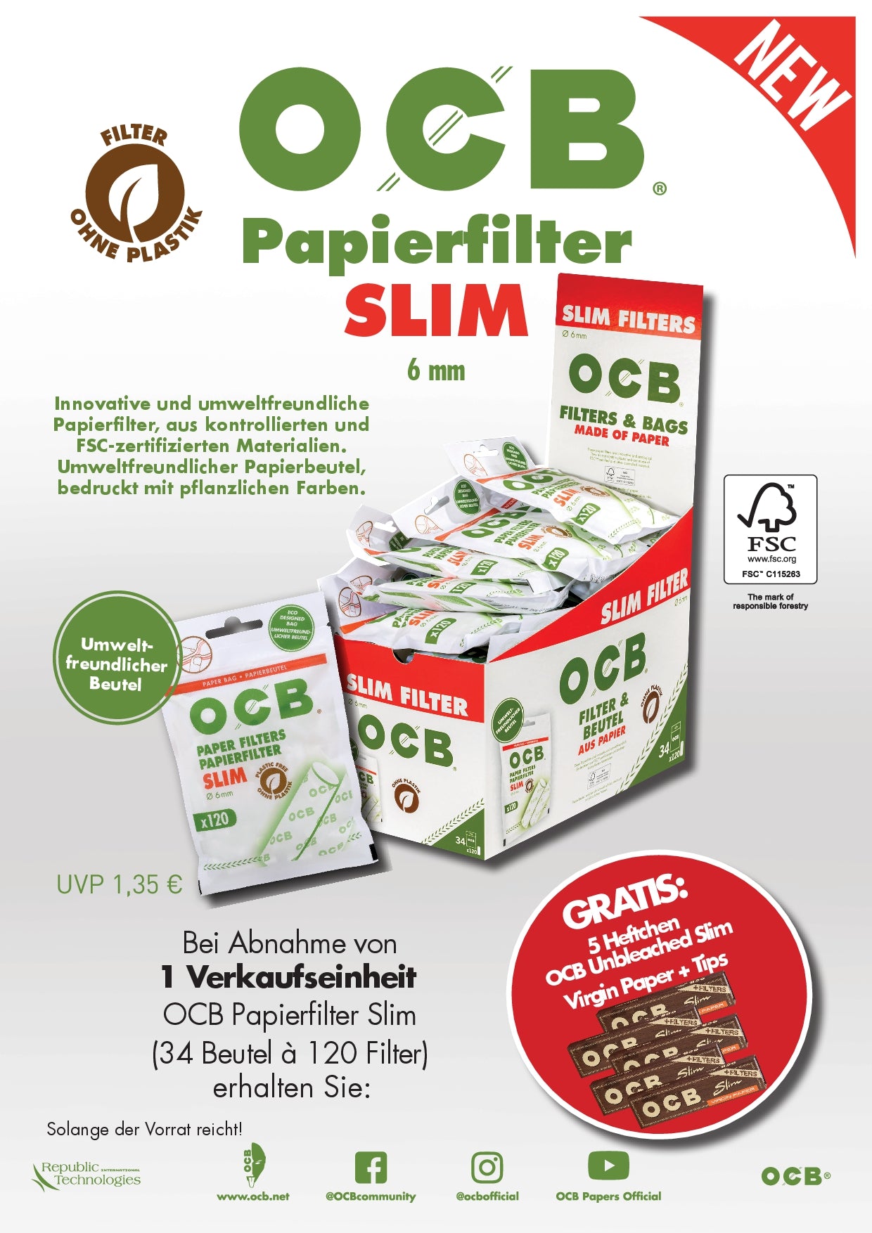 OCB Papier Filter Tips Eco Slim 6mm a 120 St. | 34 Btl.